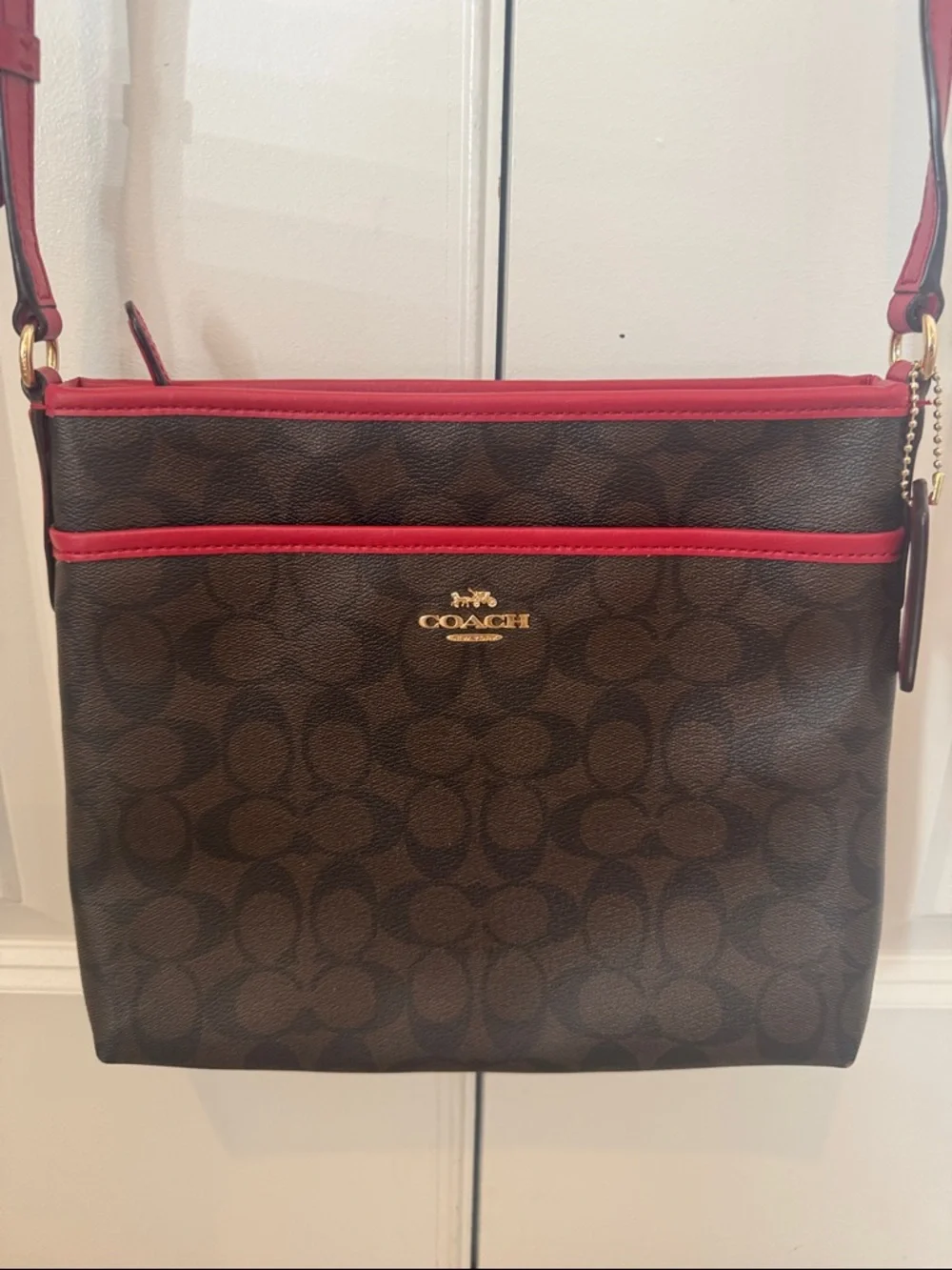 Coach Brown Signature Crossbody with Red Trim - Picture 1 of 5